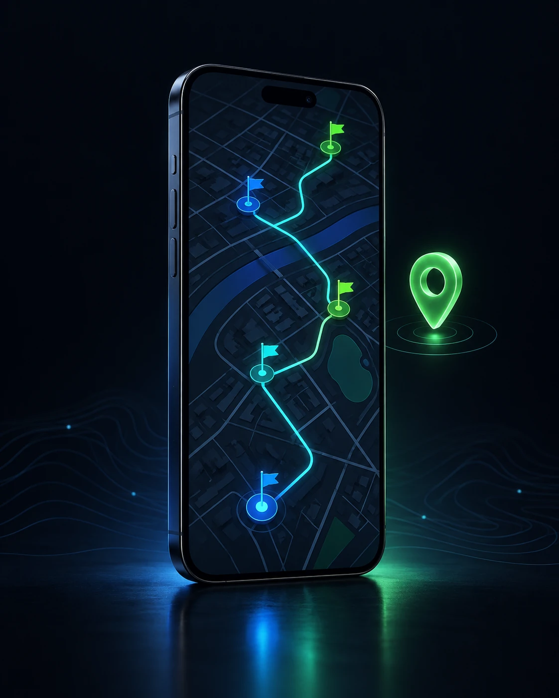 Concepto visual de Ubinex: un smartphone con mapa oscuro y banderas de colores